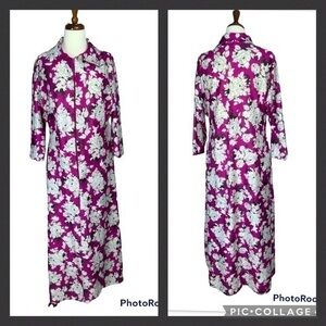 Granada Fushcia Black & White Large Floral Print Zip Front Maxi House Dress Med